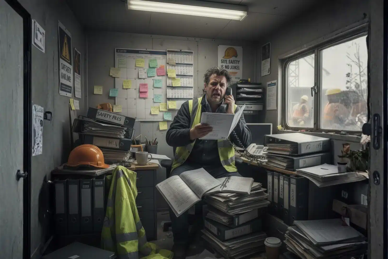 A person in a yellow vest holding a book and talking on the phone