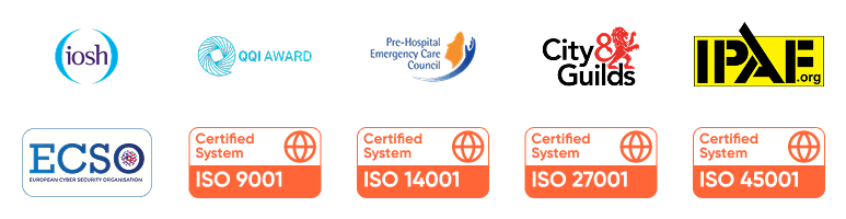 EduSafe affiliations and certifications: IOSH, QQI Award, Pre-Hospital Emergency Care Council, City & Guilds, IPAF, ECSO, ISO 9001, ISO 14001, ISO 27001, ISO 45001