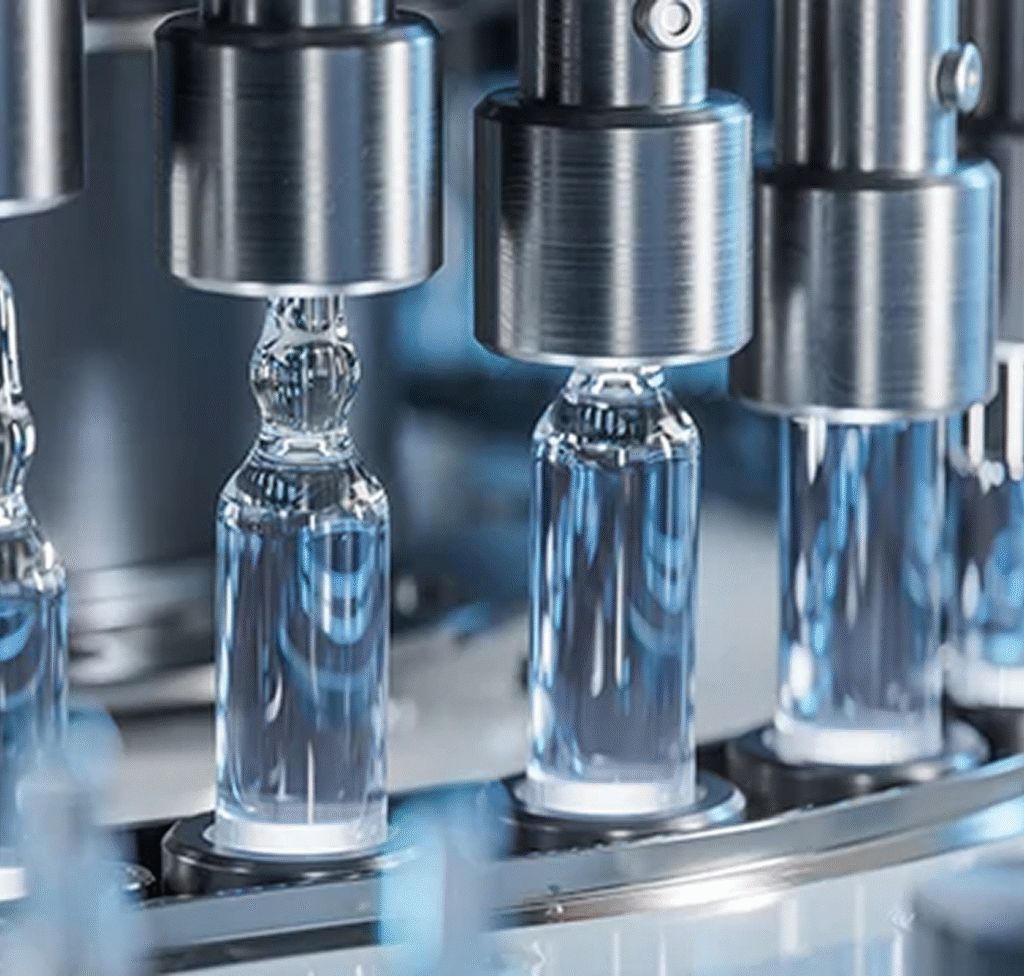 Automated pharmaceutical manufacturing line filling glass ampoules with liquid medication