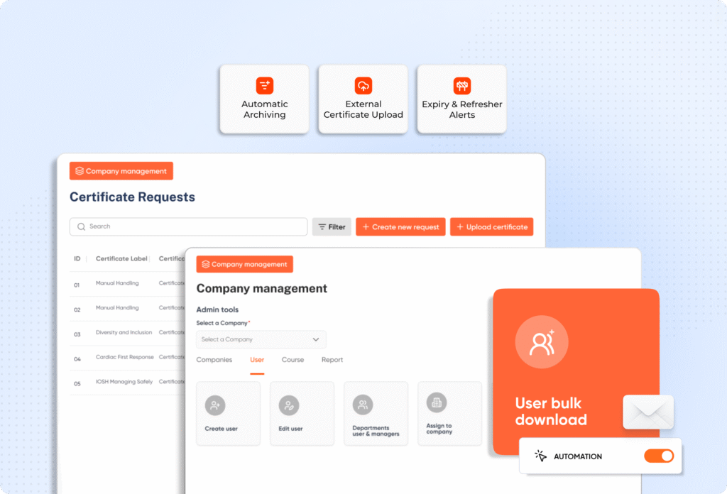 Screenshot of a software interface displaying company management and certificate request features for administrative tasks. Key elements include tabs for creating requests, uploading certificates, user management tools with icons for creating and editing users, and an orange toggle for user bulk download automation.