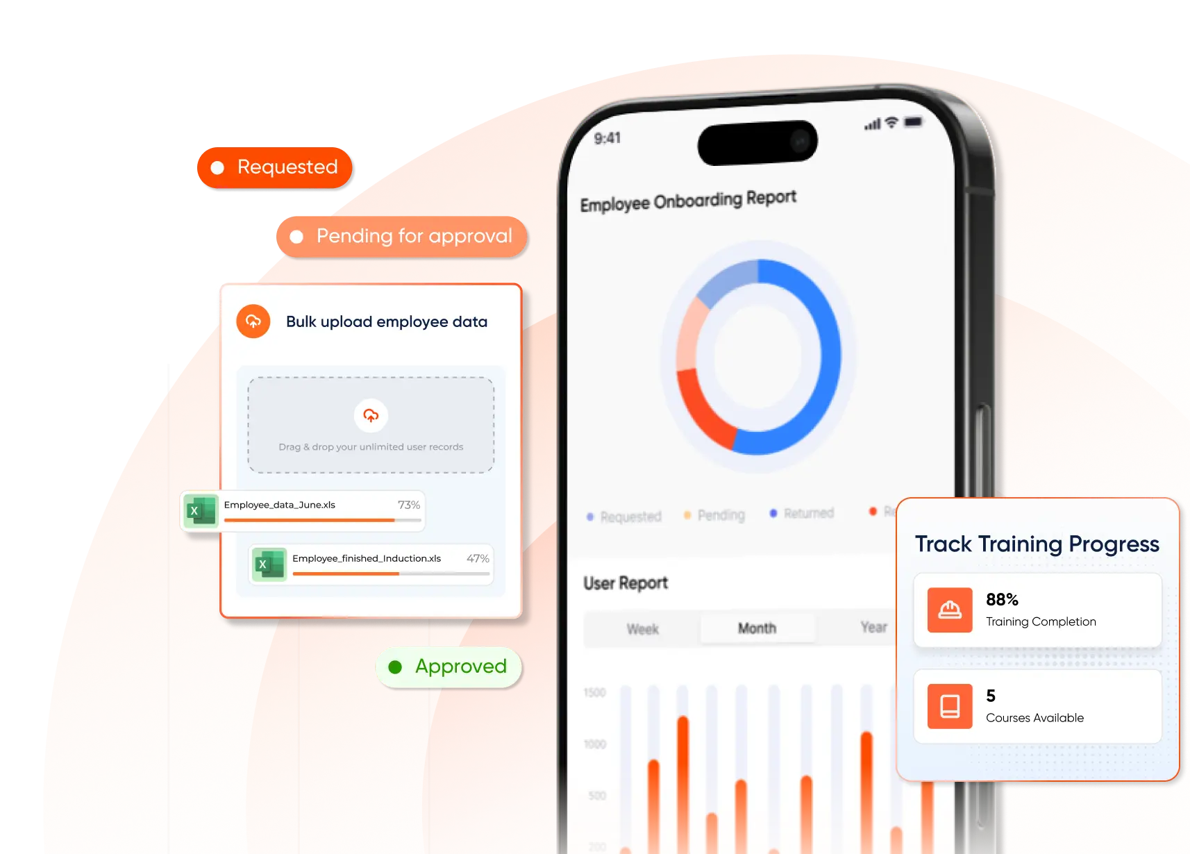 EDUSAFE mobile app interface showing employee onboarding reports, training progress tracking with completion percentages, and a bulk upload tool for managing unlimited user records via Excel