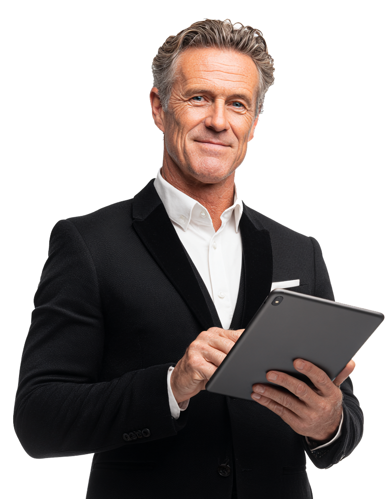 A senior male business professional or entrepreneur in a black blazer smiling while typing on a tablet