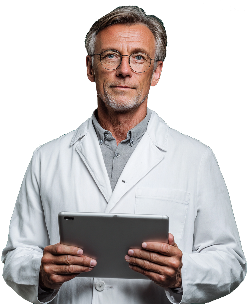 A middle-aged male laboratory scientist or medical professional in a white lab coat holding a digital tablet