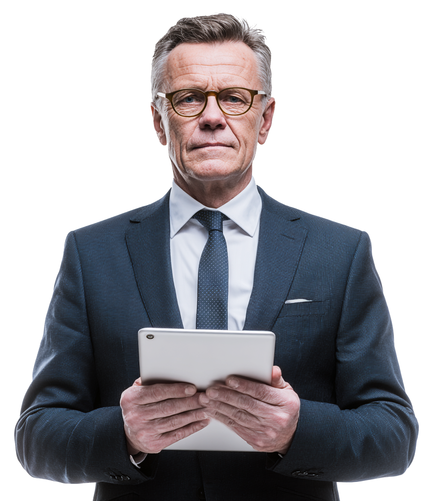 A senior corporate executive or company director in a navy business suit and glasses holding a silver tablet