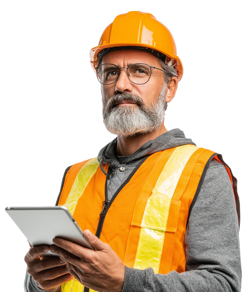 A male construction site supervisor wearing a hi-vis vest, orange hard hat and safety glasses holding a tablet