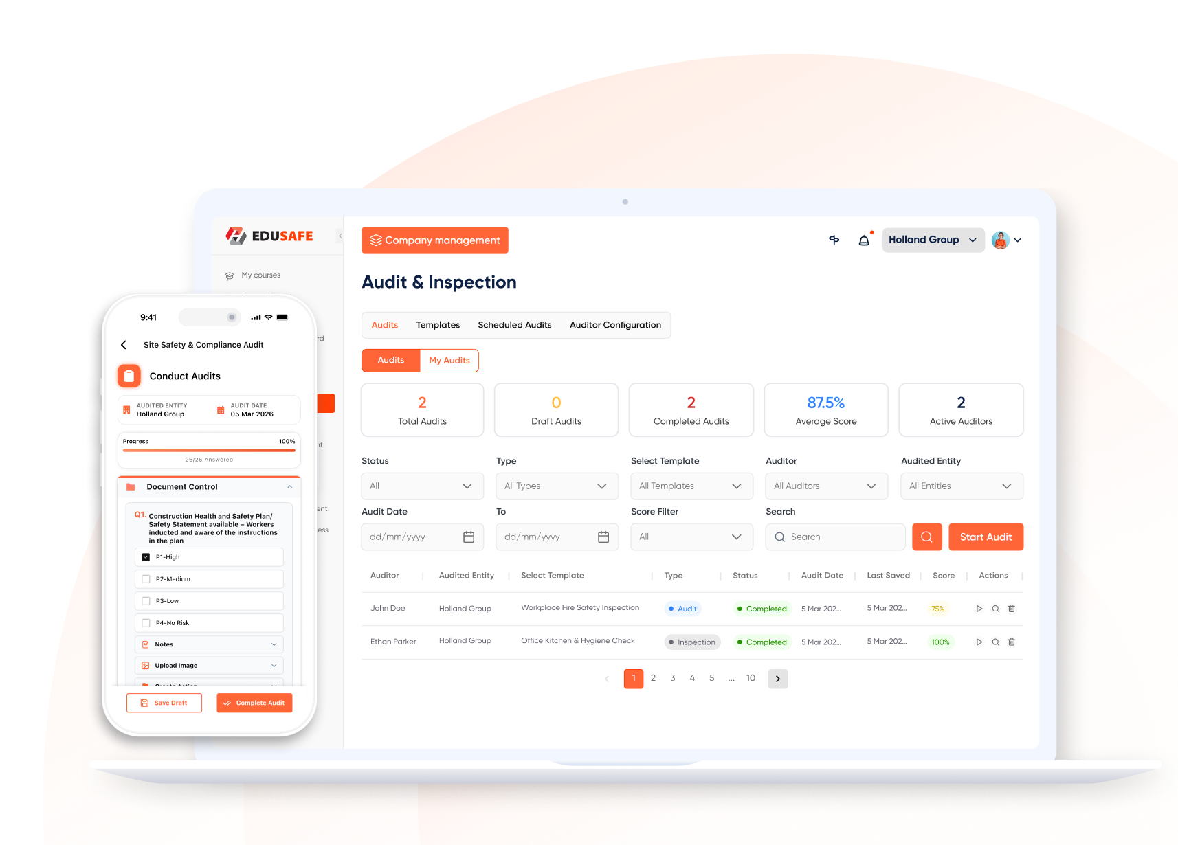EDUSAFE Audit and Inspection module on a laptop and mobile device, showing total, draft and completed audits, average score, active auditors and an in-progress audit checklist for the Holland Group