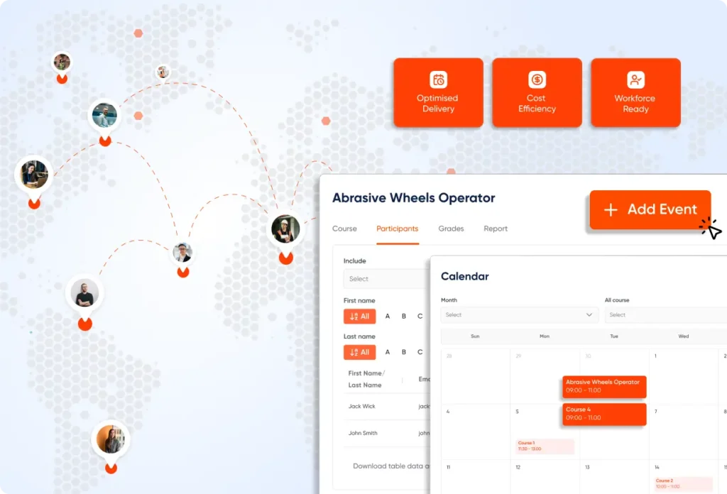 EDUSAFE workforce training scheduler showing abrasive wheels operator course management, participant tracking, and a global logistics map for optimized safety training delivery