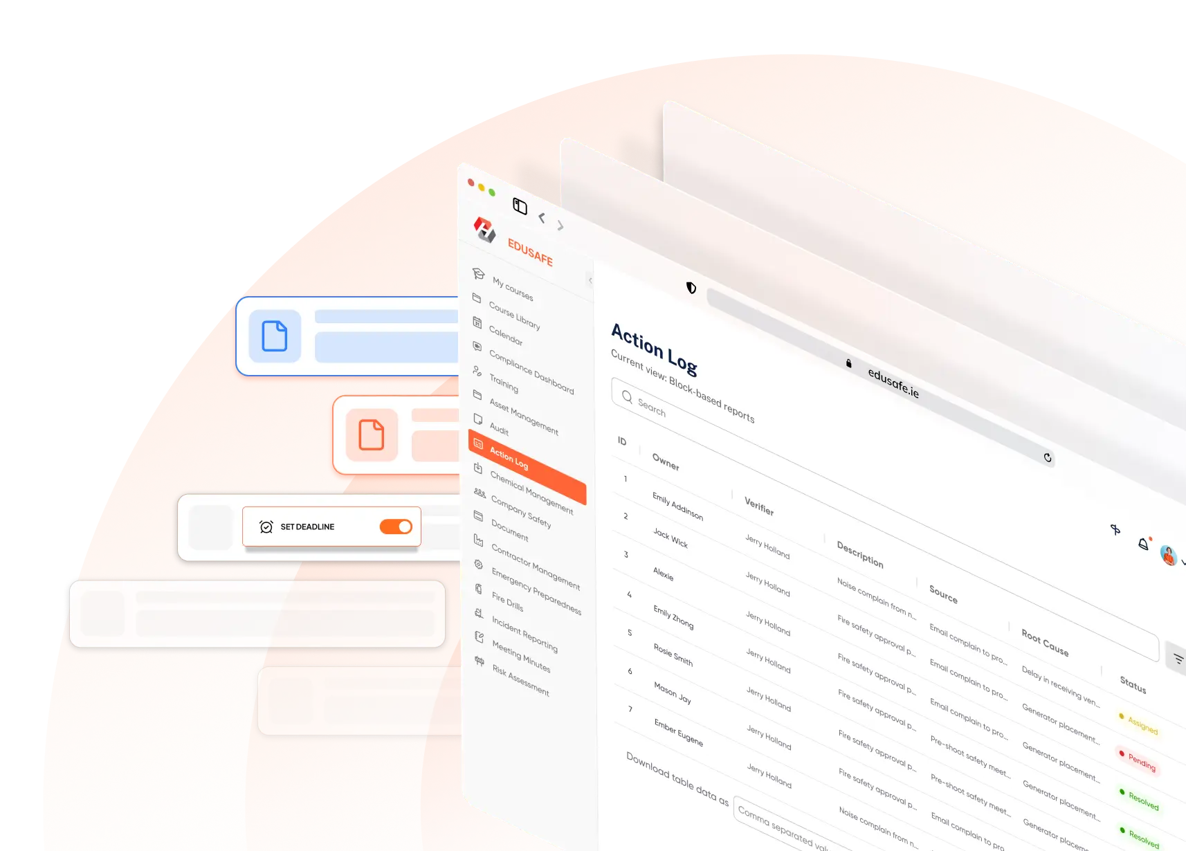 EDUSAFE Action Log interface showing workplace safety task tracking, including root cause analysis, owner assignments, and resolution status for incident reports