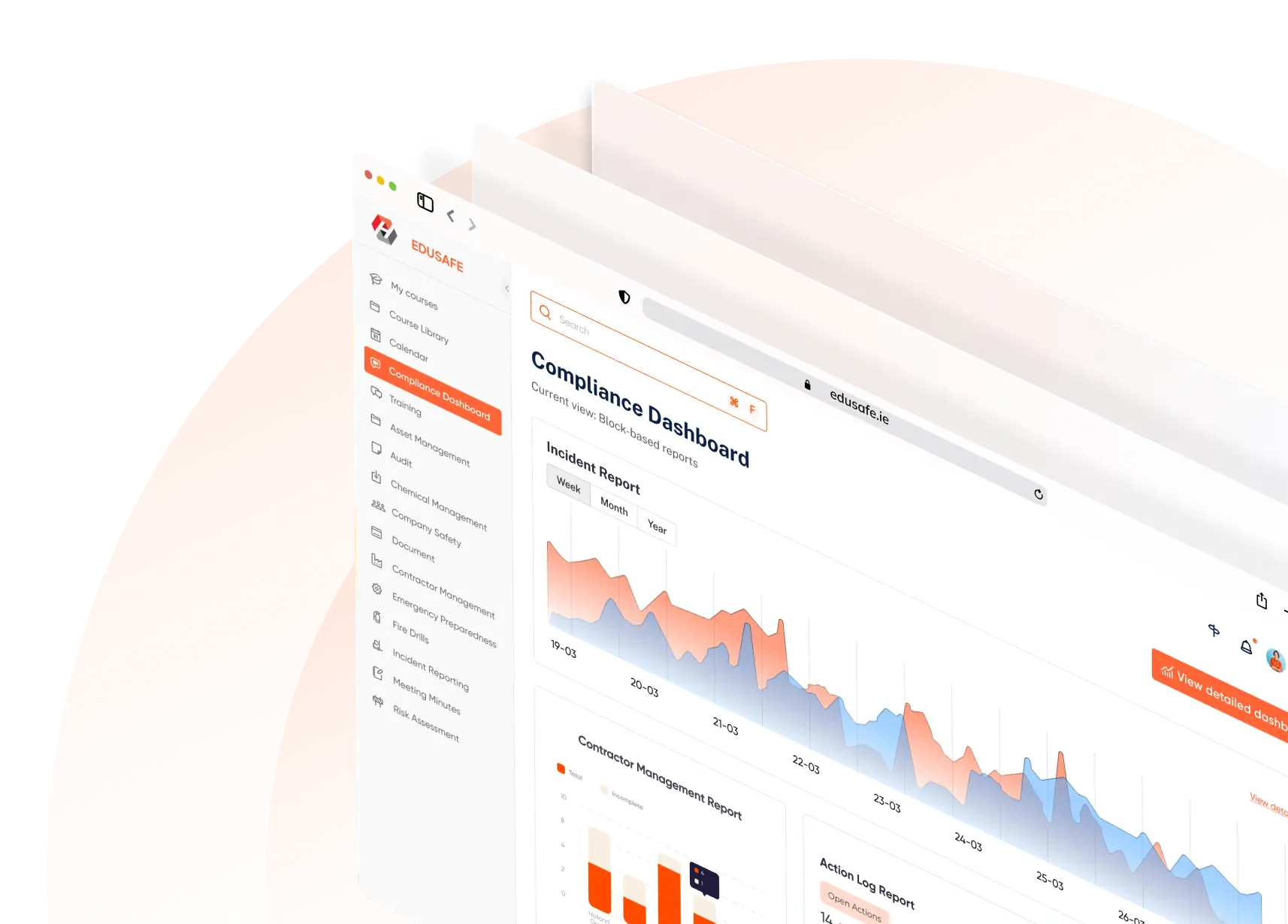 EDUSAFE Compliance Dashboard featuring visual data analytics for incident reporting, contractor management status, and action log tracking with area charts and bar graphs