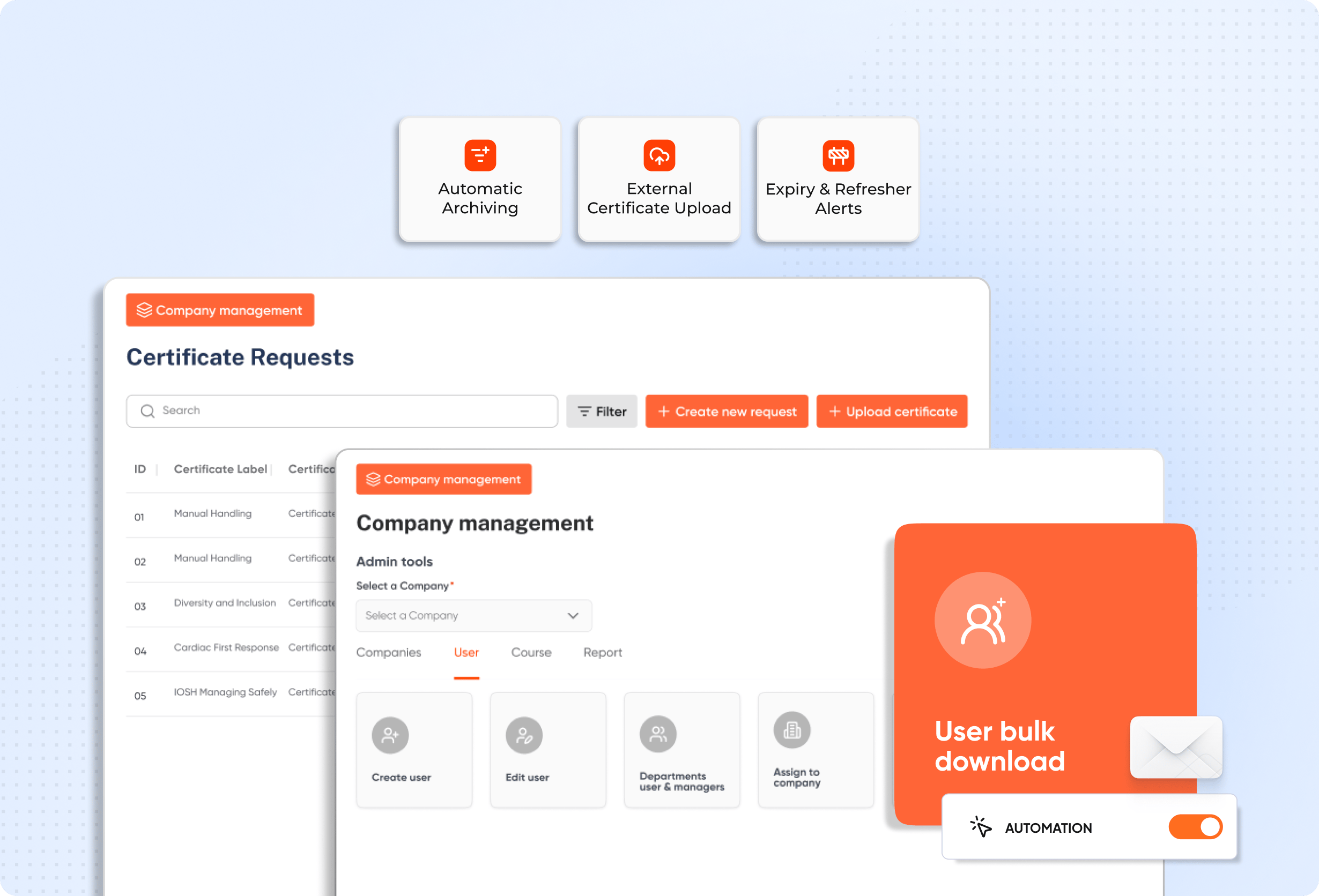 Screenshot of a software interface displaying company management and certificate request features for administrative tasks. Key elements include tabs for creating requests, uploading certificates, user management tools with icons for creating and editing users, and an orange toggle for user bulk download automation.