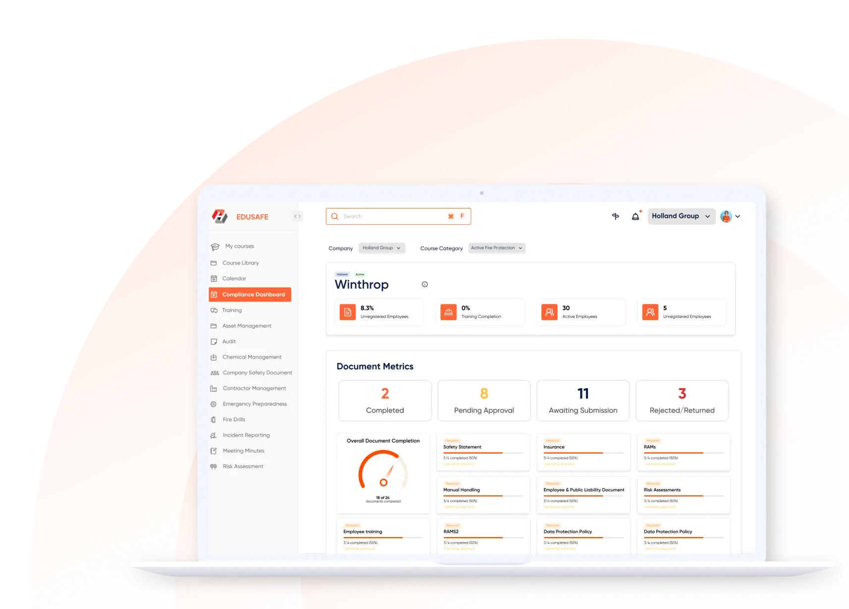 EDUSAFE Compliance Dashboard displayed on a laptop, showing real-time health and safety document metrics, training completion rates, and EHS management analytics for the Holland Group