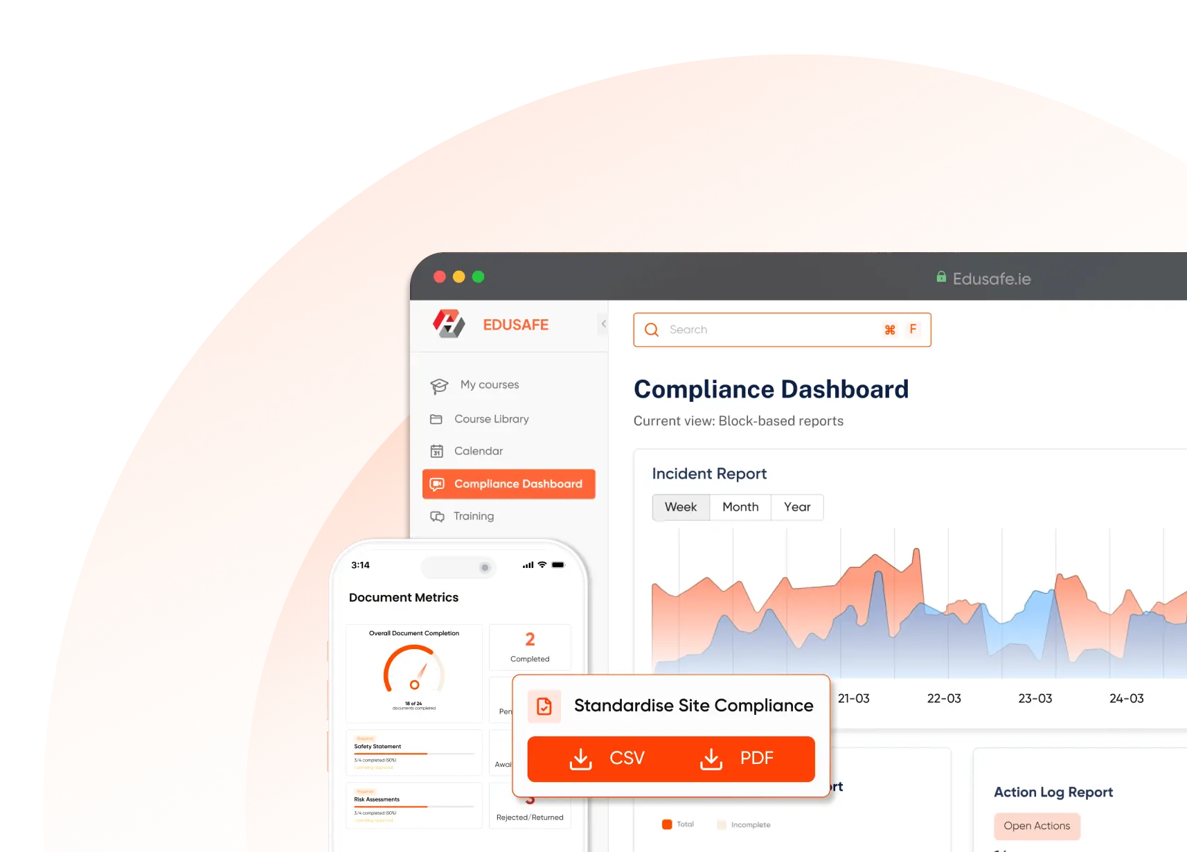 EDUSAFE site compliance software interface showing incident report analytics on a desktop browser and document completion metrics on a mobile device, with options to export safety data as CSV or PDF