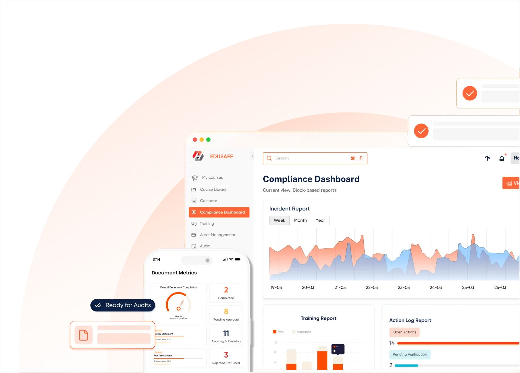 EDUSAFE EHS software interface showing a compliance dashboard with incident report trends, audit readiness tracking on mobile, and real-time training report analytics