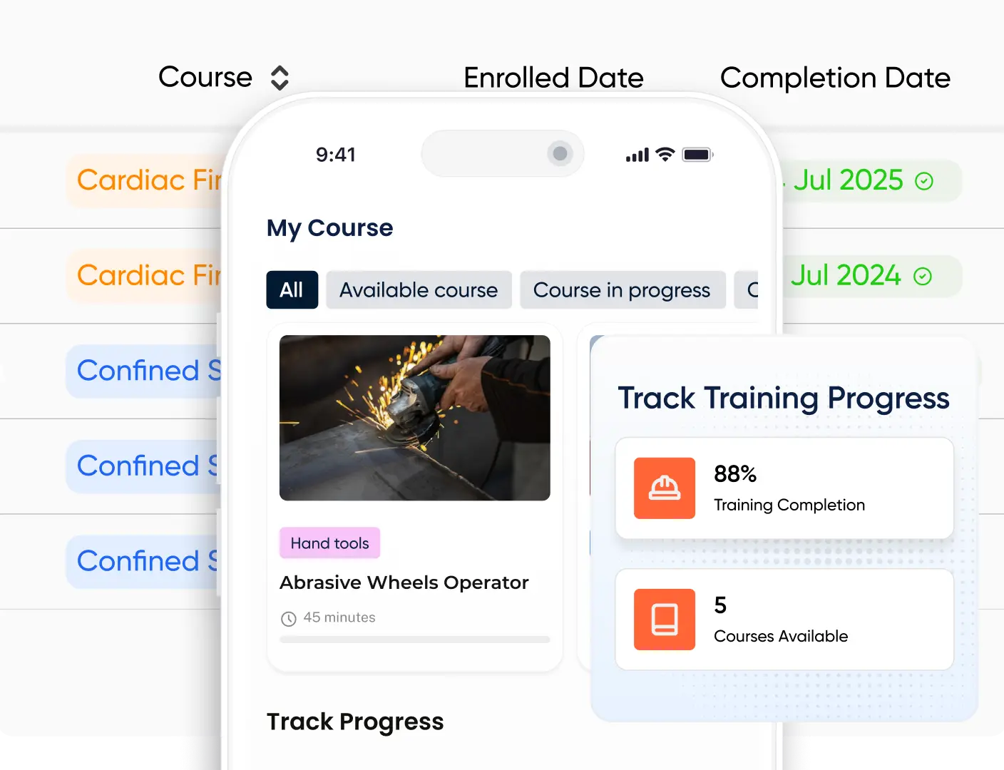EduSafe eLearning dashboard showing employee courses, completion dates and real-time training progress tracking.
