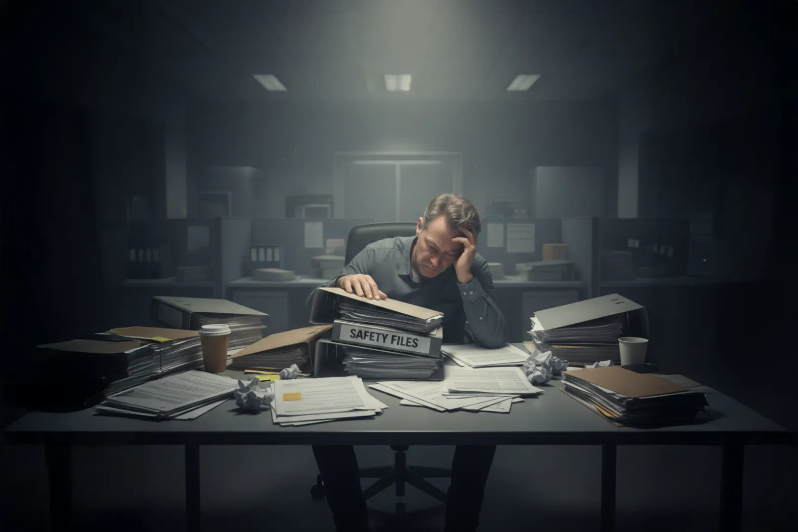 An older man, a Project Supervisor Construction Stage (PSCS), sits at a desk in a dimly lit, gray office, looking overwhelmed. He rests his head on one hand, staring down at a mountain of paperwork. In front of him, a large, overflowing binder is clearly labeled "SAFETY FILES." The desk is cluttered with scattered documents, crumpled paper, and several coffee cups, capturing a sense of burnout and the heavy burden of manual coordination. The atmosphere is hazy and cinematic, emphasizing the suffocating nature of his workload.