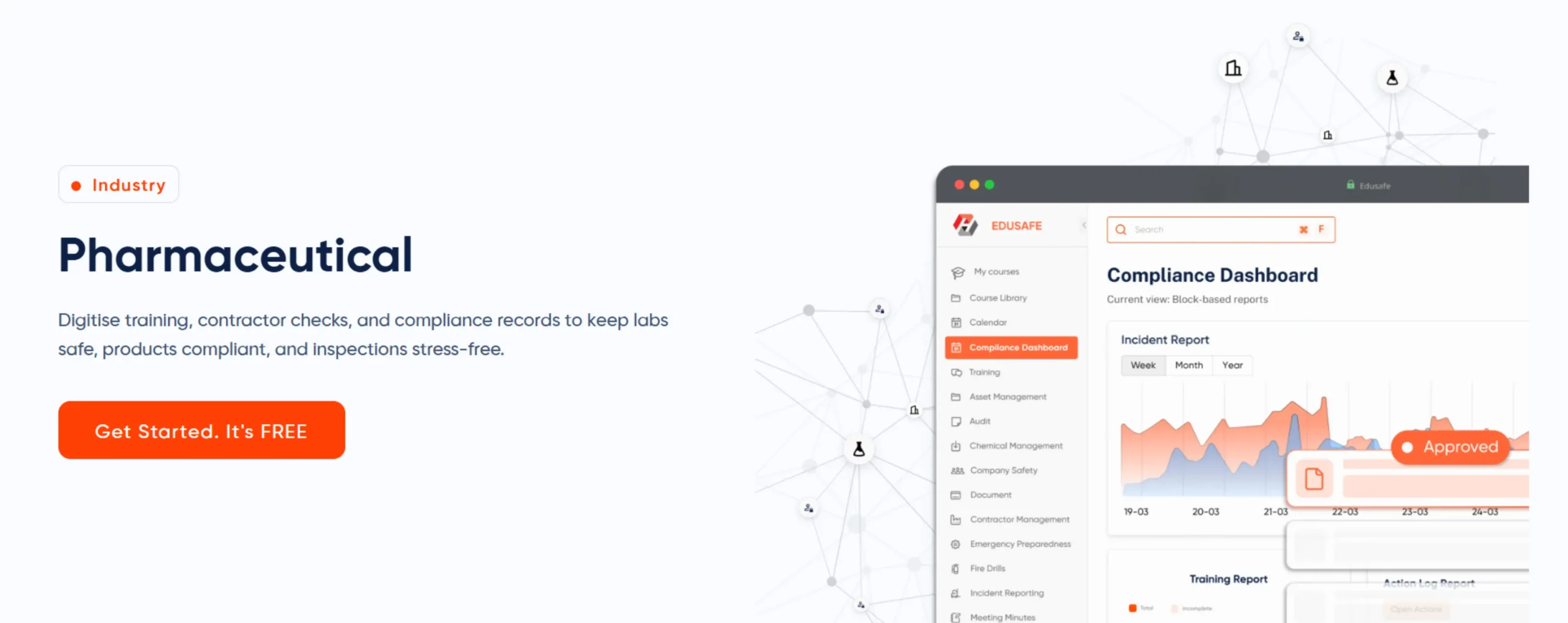 EduSafe compliance software for pharmaceutical companies with dashboard for training, contractor checks and compliance records