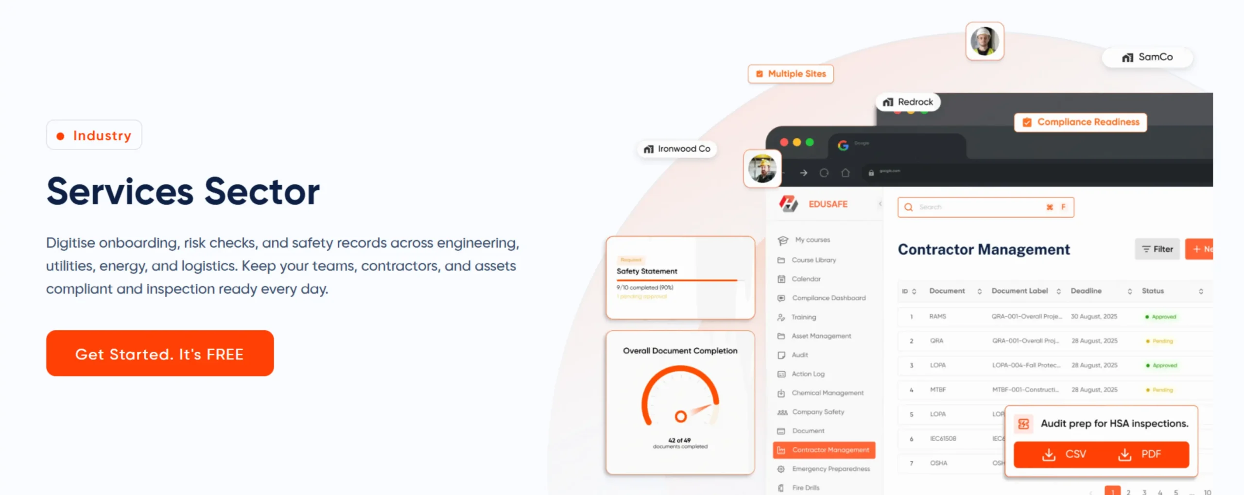 EduSafe contractor management platform for the services sector with compliance tracking across multiple sites