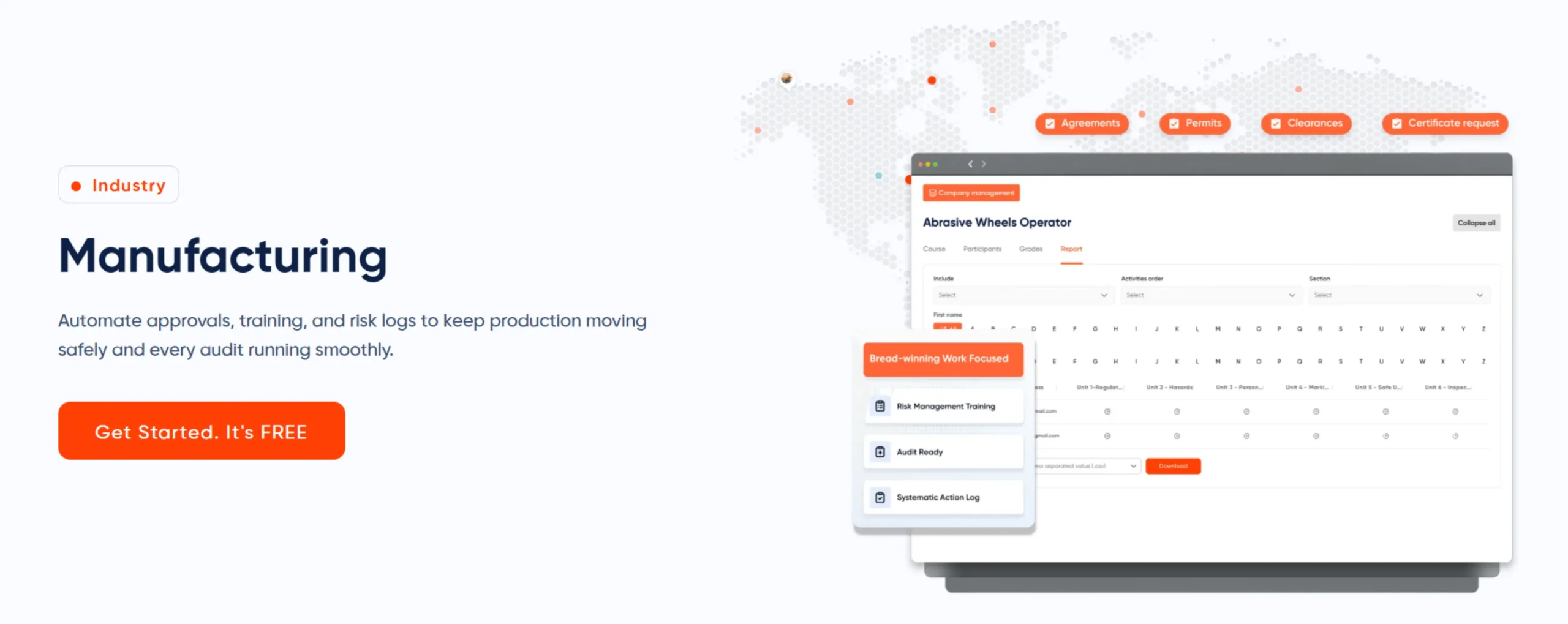 EduSafe manufacturing compliance platform with training management, approvals and risk reporting dashboard