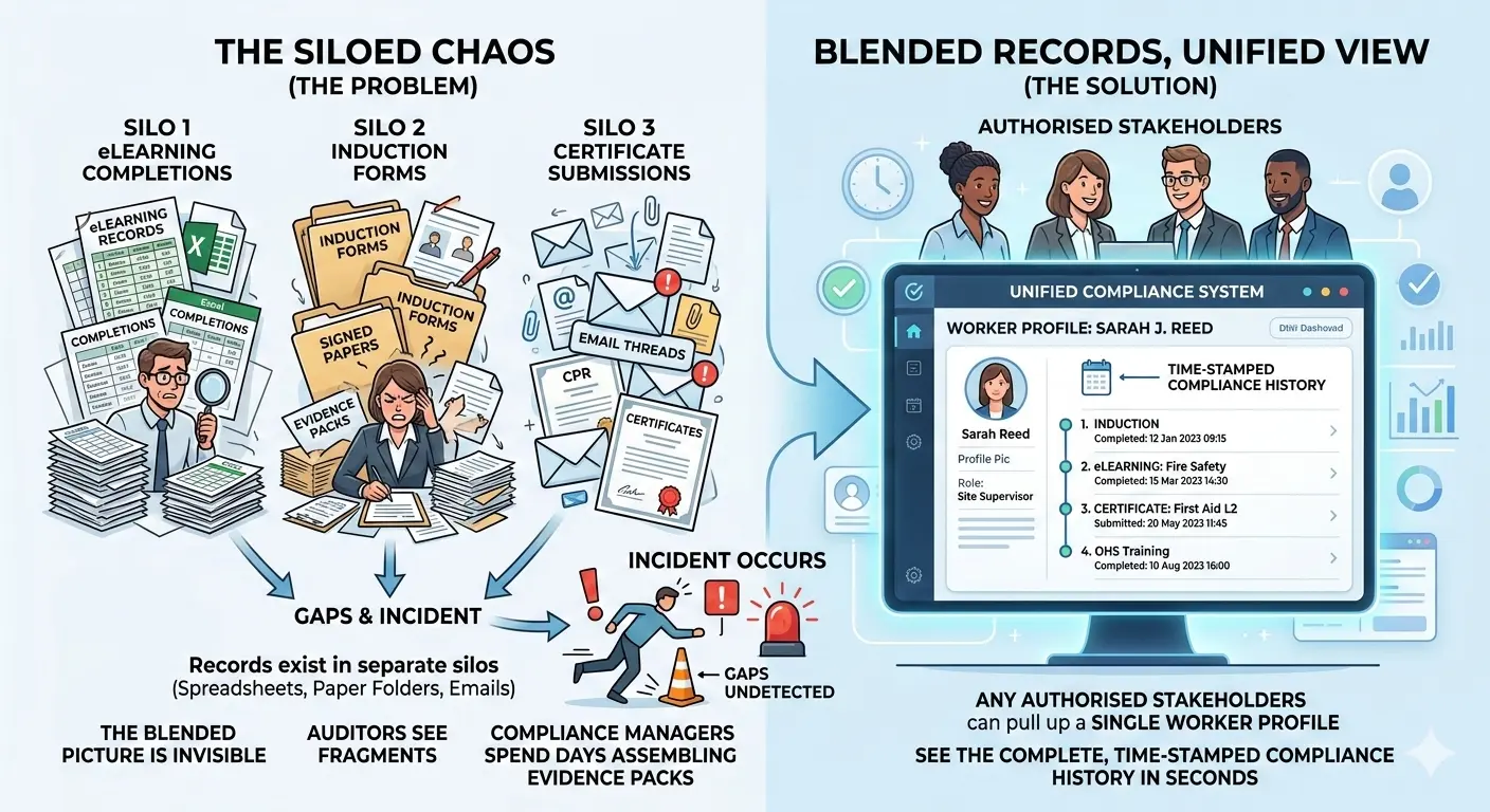 Illustration comparing siloed training and induction records with a unified digital compliance system showing a complete worker profile