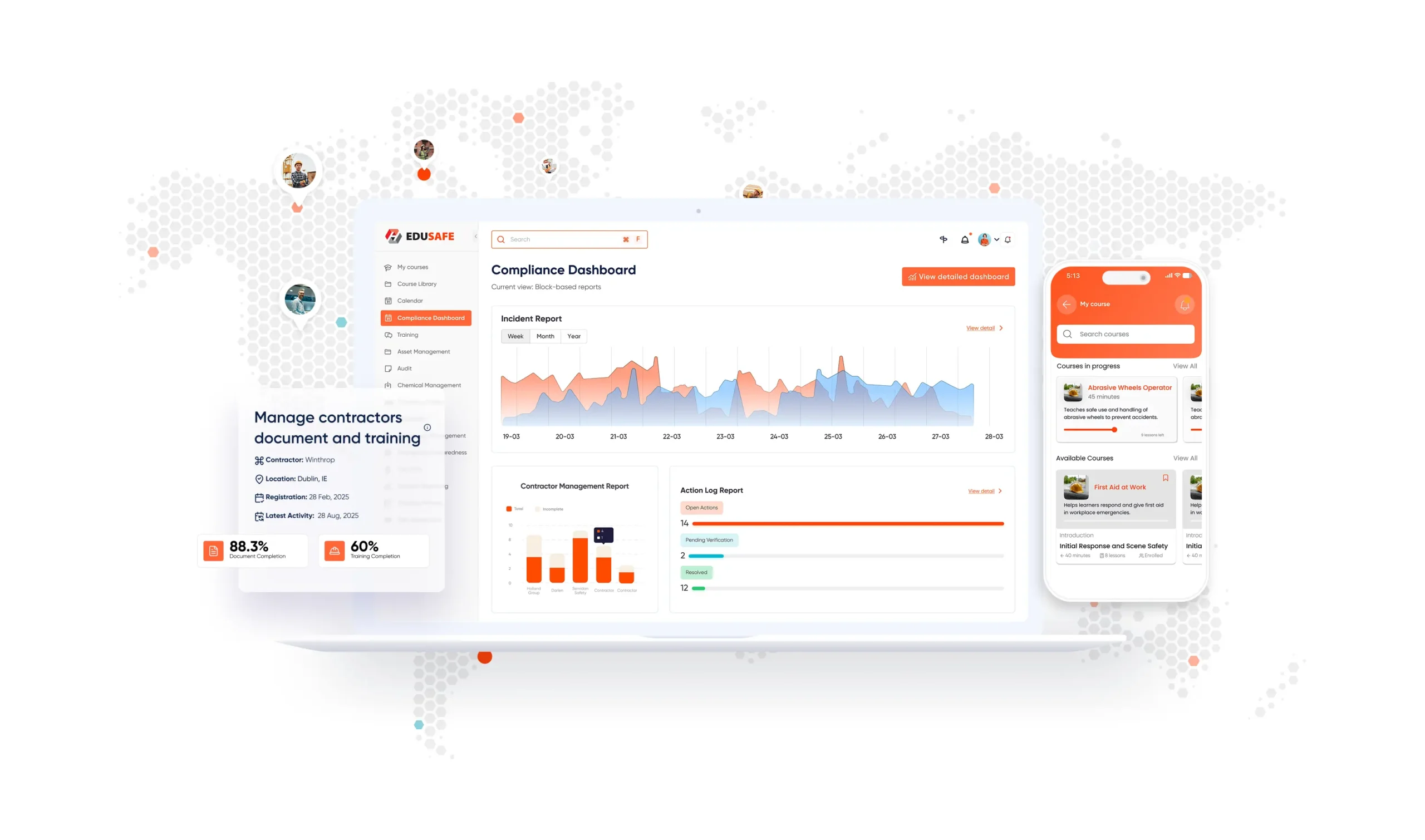 EduSafe compliance dashboard with mobile training app and contractor document tracking on a global map background