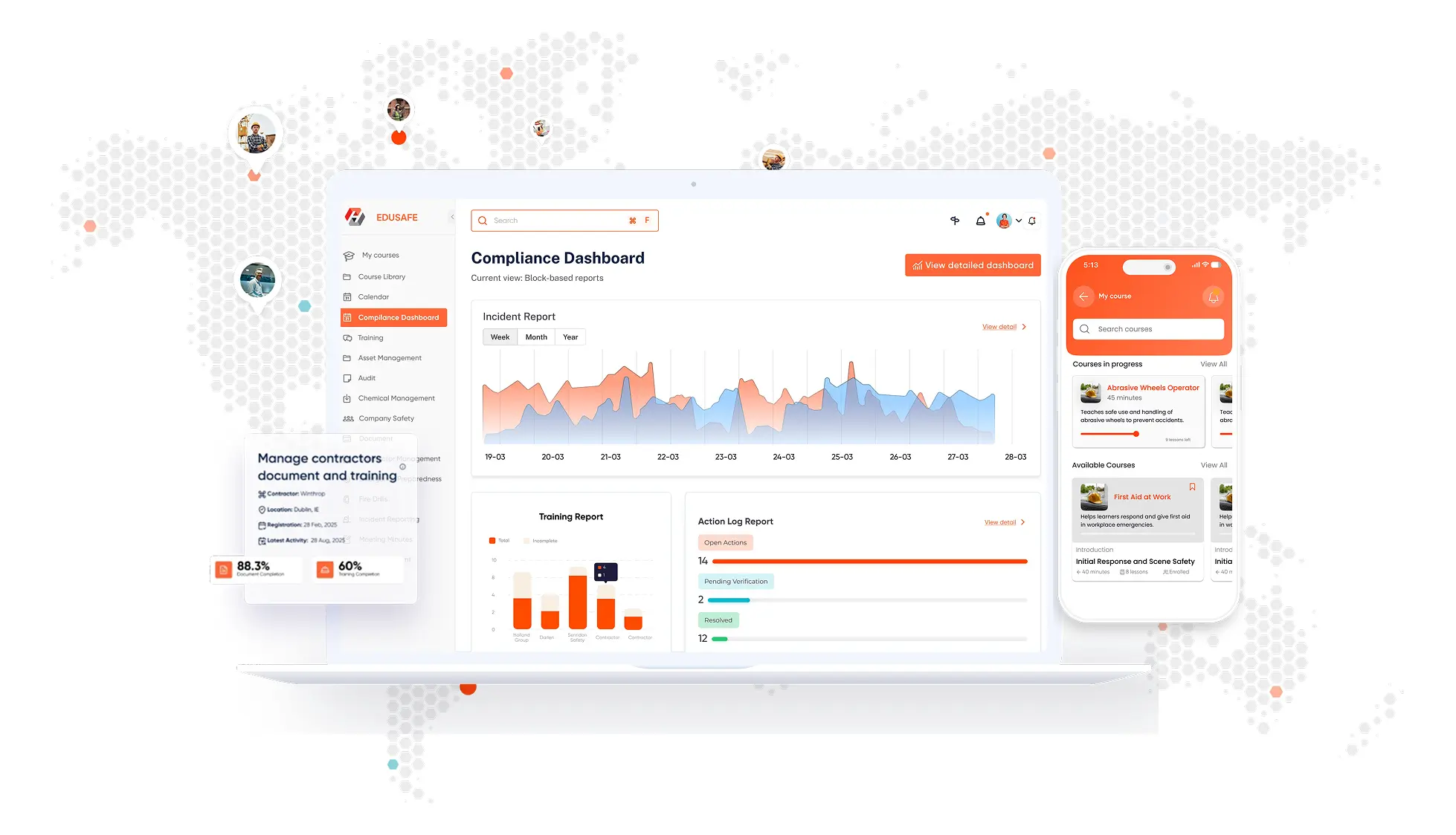 EduSafe compliance dashboard with mobile training app and contractor document tracking on a global map background