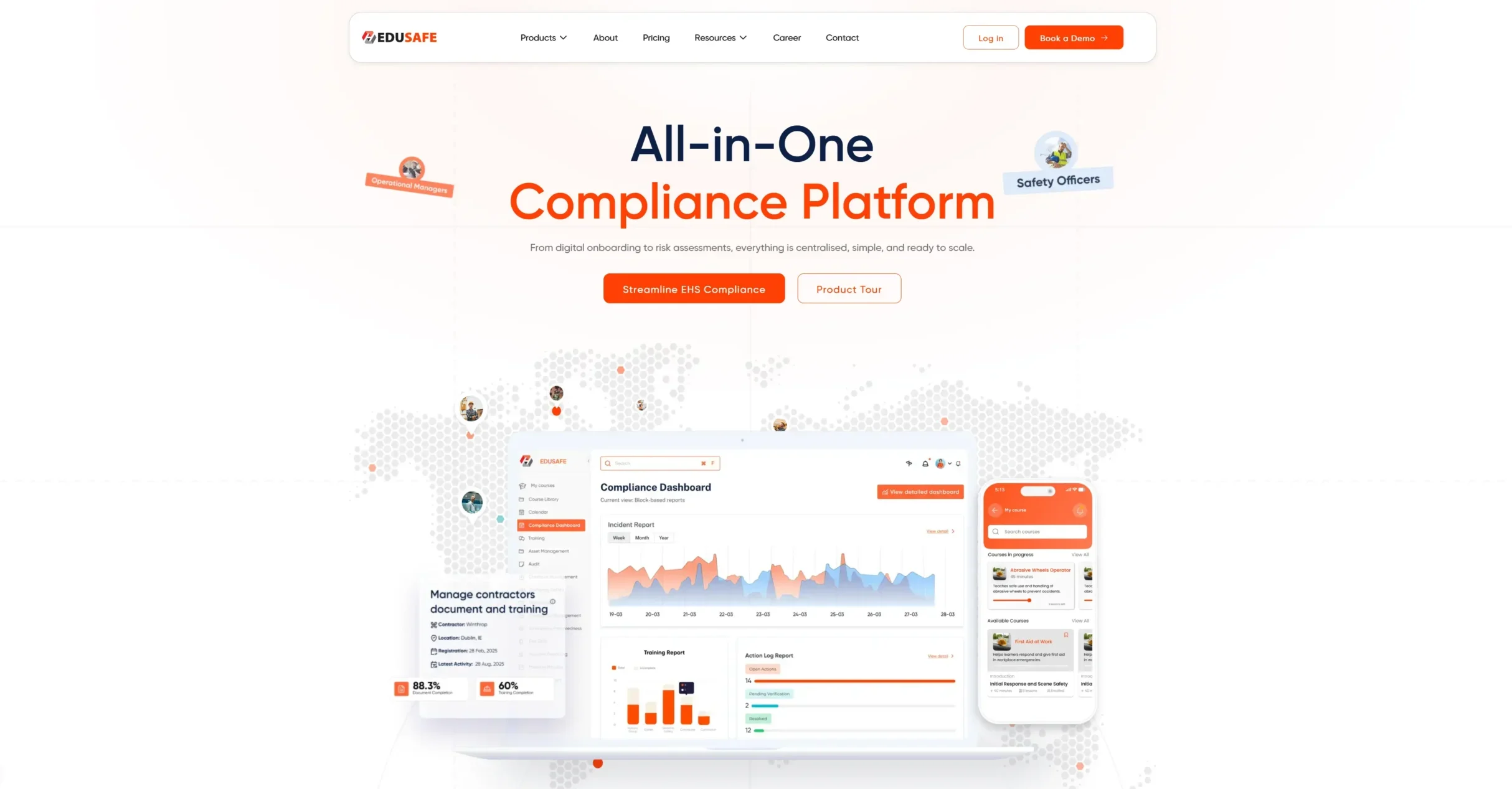 EduSafe homepage showing all-in-one compliance platform with dashboard, mobile training and contractor management features