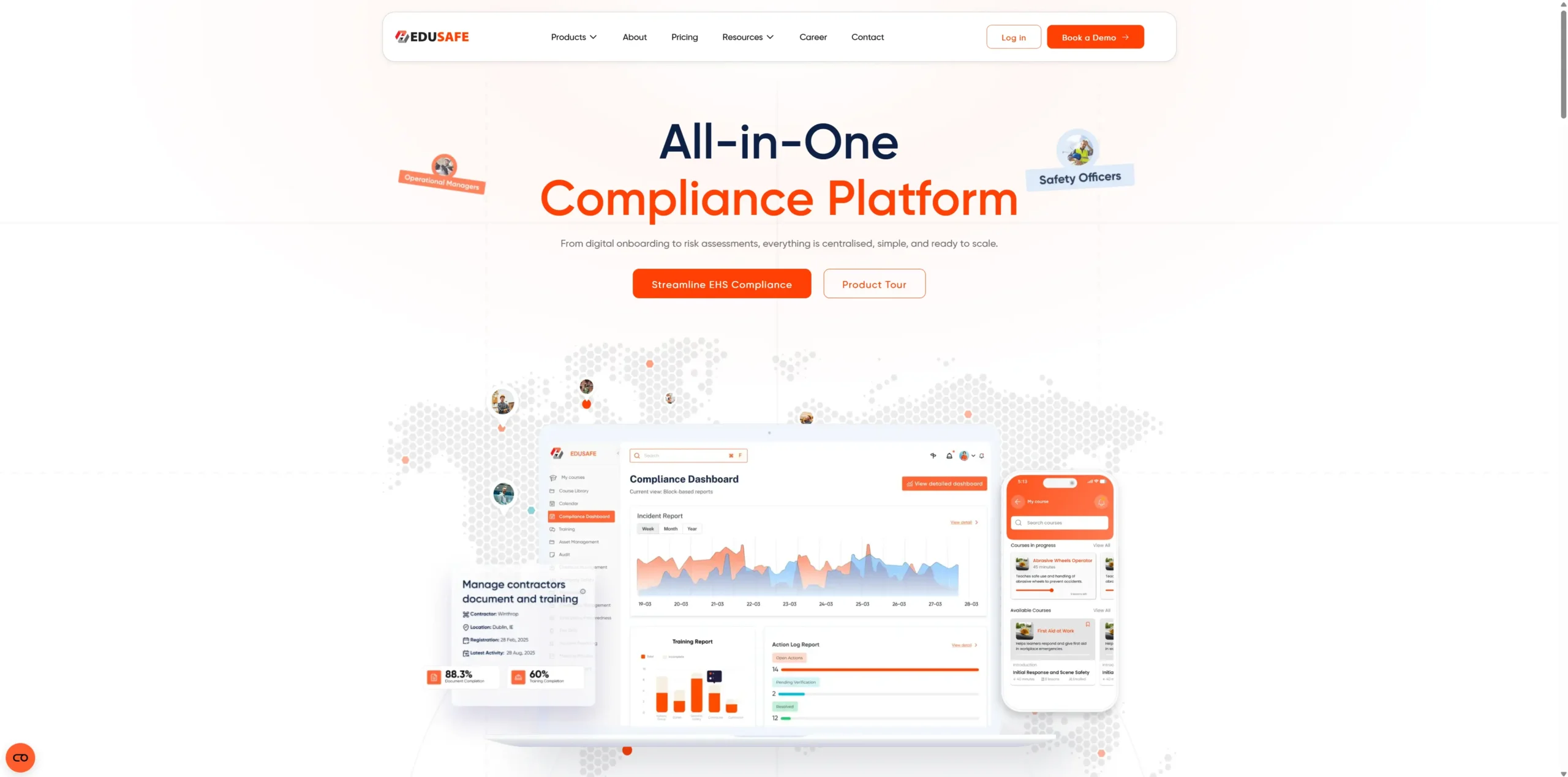EduSafe homepage showing all-in-one compliance platform with dashboard, mobile training and contractor management features