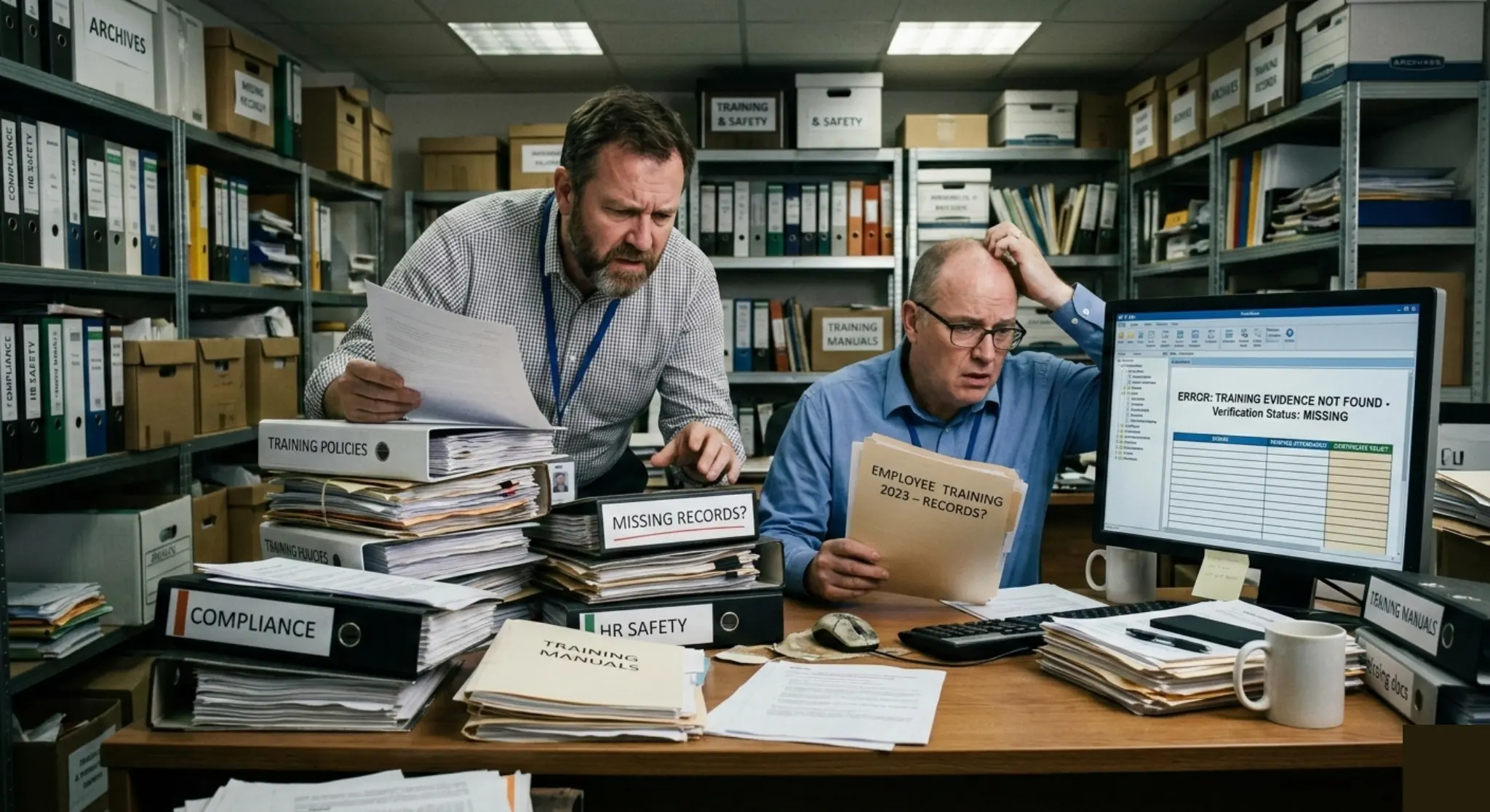 Two office workers reviewing paper files and a computer screen showing missing training evidence during a compliance check