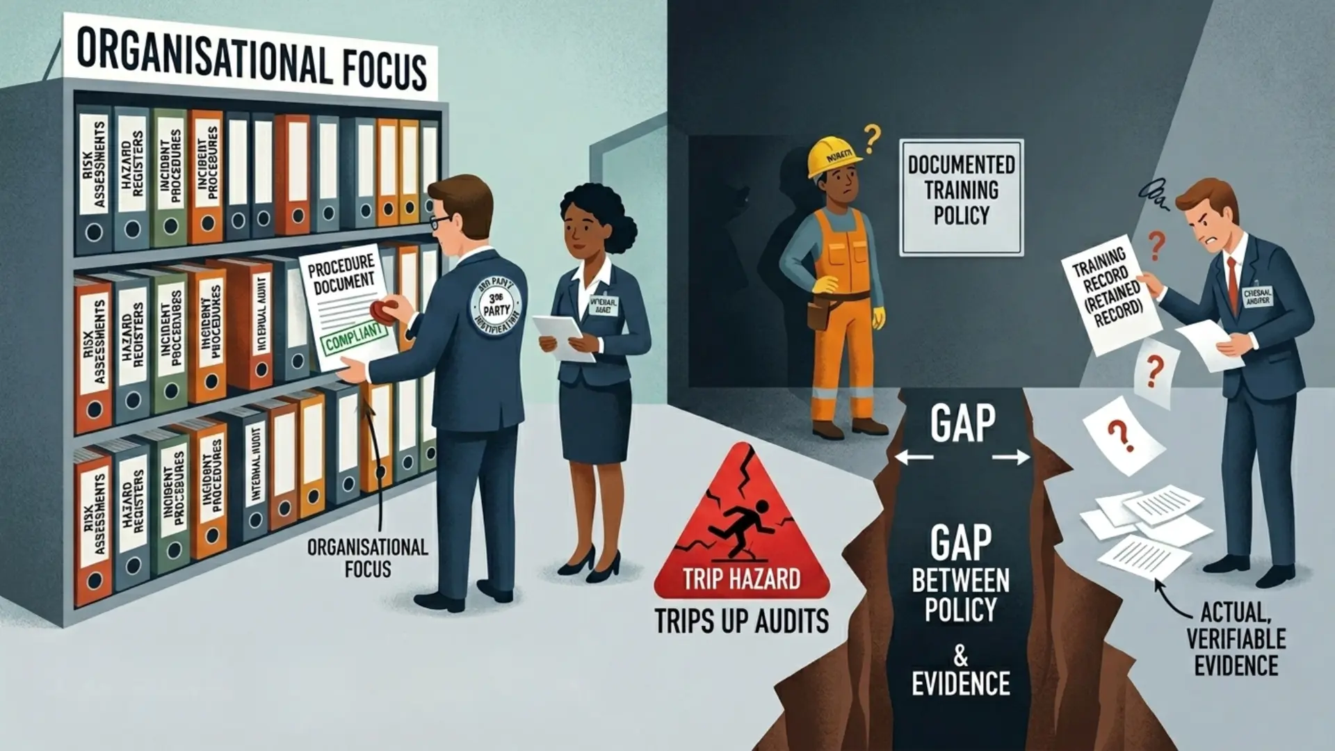 Illustration showing the gap between documented safety policies and actual verifiable training evidence during an audit
