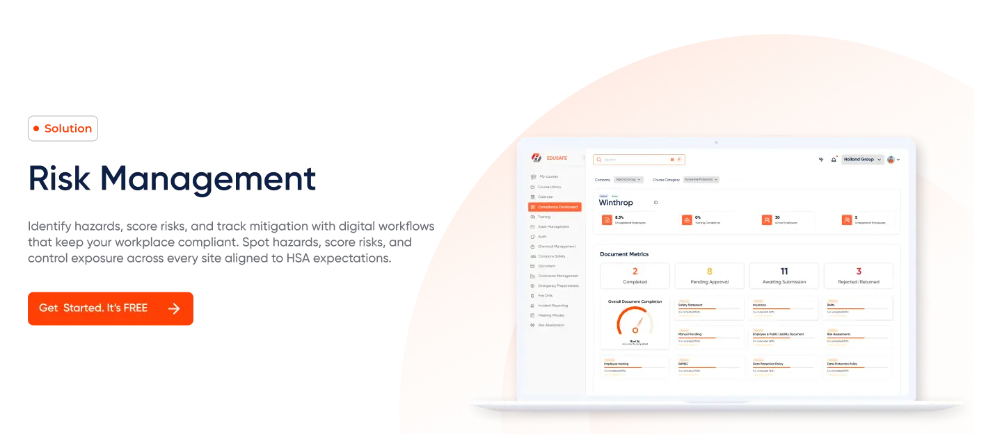 EduSafe risk management software dashboard for hazard identification, risk scoring and mitigation tracking