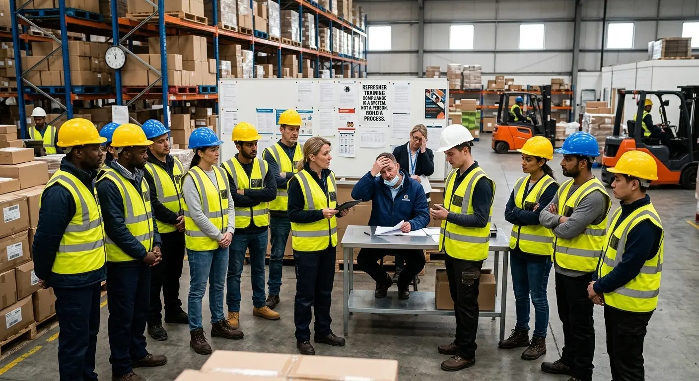 A group of diverse warehouse workers in high-visibility vests and hard hats gathers around a manager sitting at a desk with paperwork and pointing towards a whiteboard with a compliance message, in a busy logistics facility with forklifts.