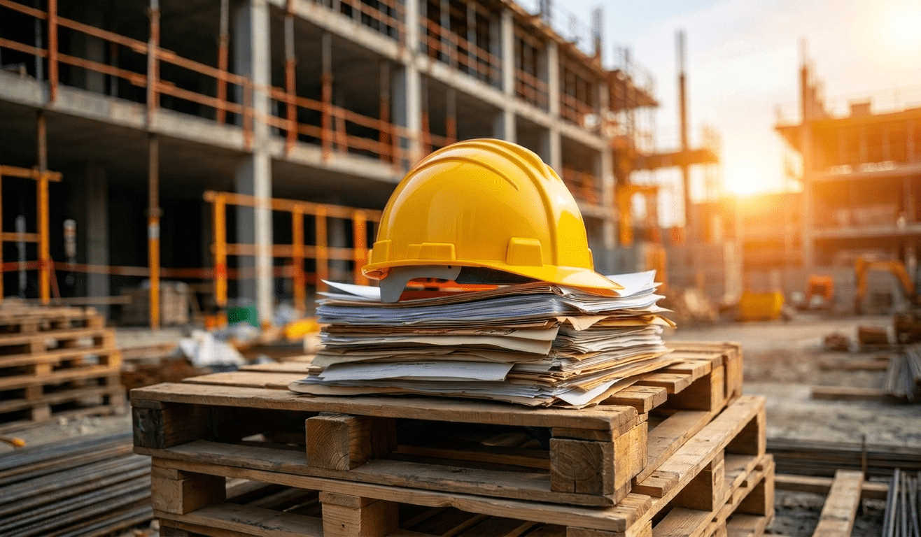 Yellow construction hard hat sitting on a thick stack of site safety documents and method statements