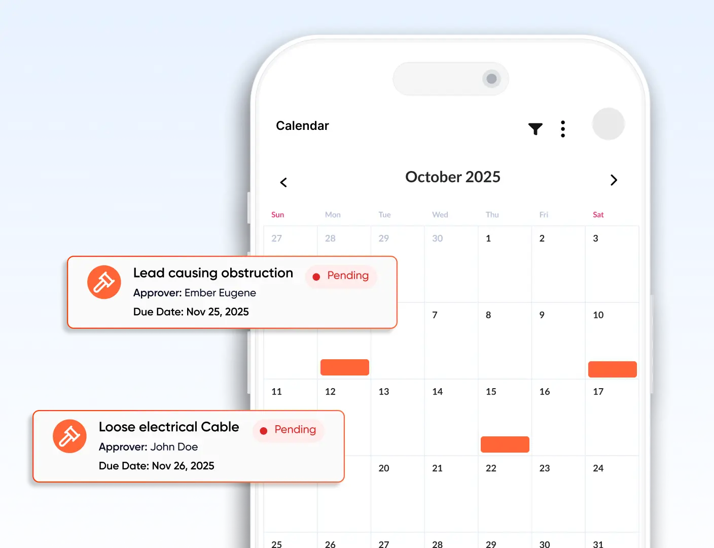 EduSafe hazard management calendar showing pending workplace hazard actions, assigned approvers and due dates for corrective action follow-up.