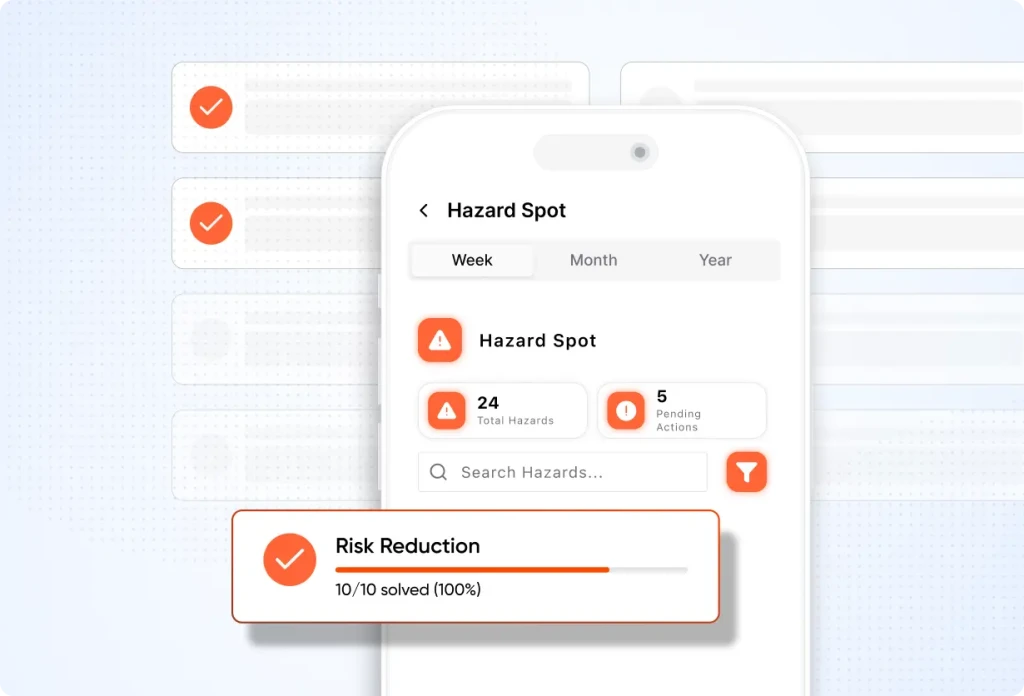 EduSafe mobile hazard spotting dashboard showing total hazards, pending actions and risk reduction progress.