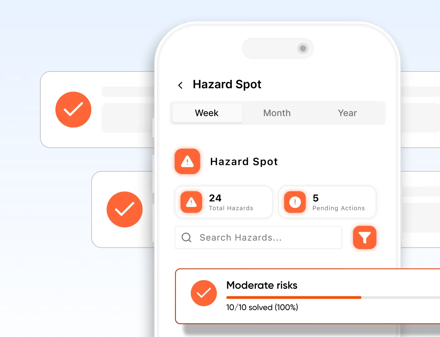 EduSafe mobile hazard spotting dashboard showing total hazards, pending actions and resolved moderate-risk hazards.