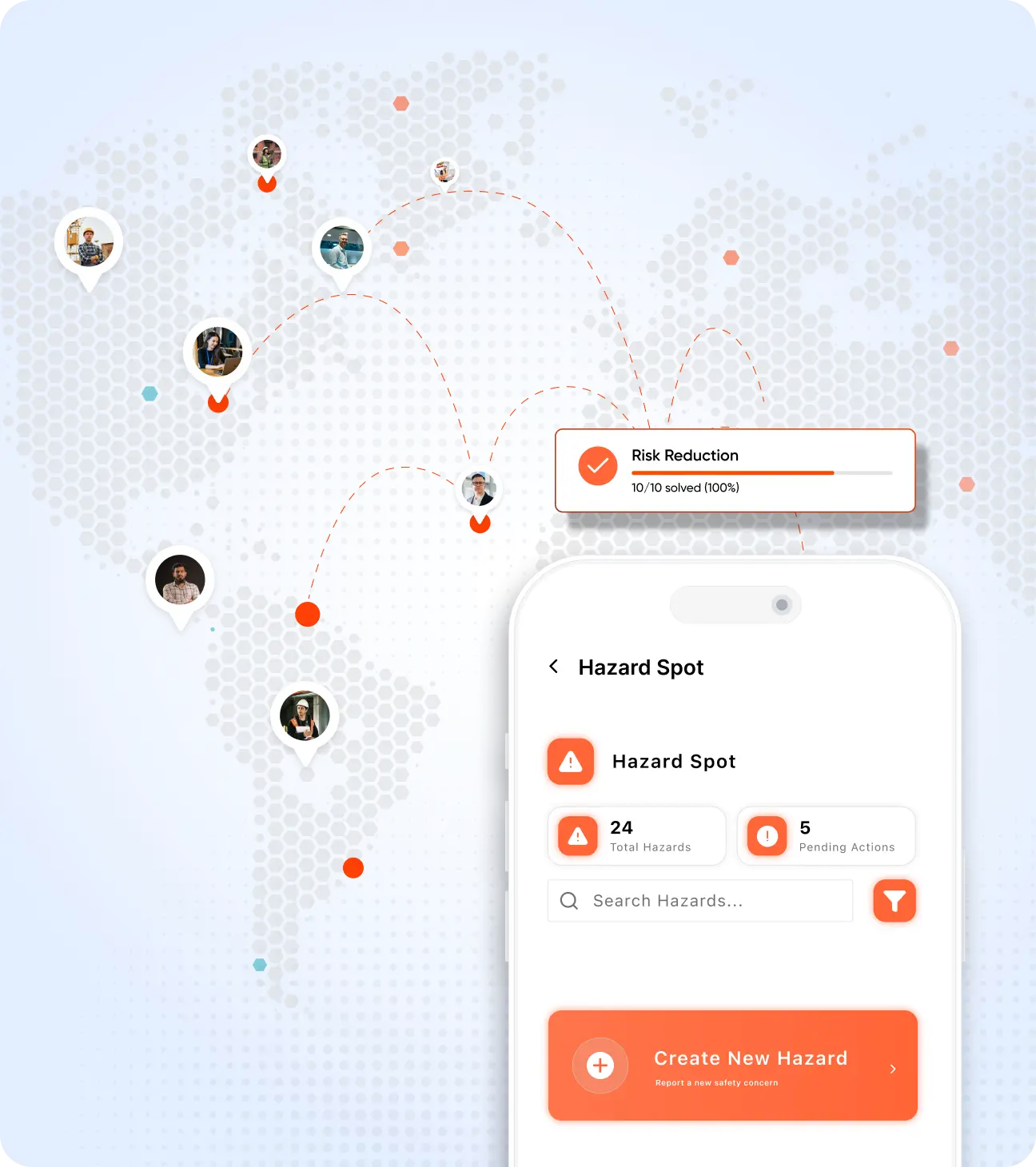 EduSafe mobile hazard spotting dashboard showing hazards reported across multiple locations with pending actions and risk reduction progress.